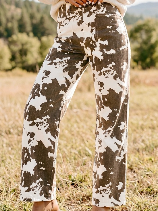 Denim - ♥️ Abstract Cow Print Pattern Regular Fit Full-Length Western Womens Jeans